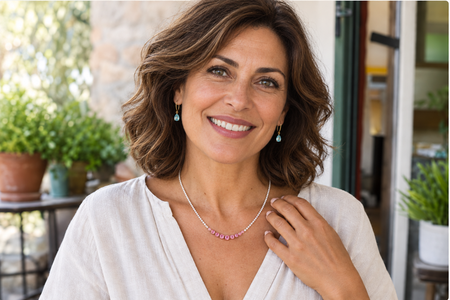 Donna sorridente con collana e orecchini indossati